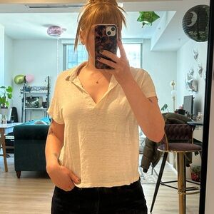 Banana Republic Cream Linen Collared V-neck Short Sleeve Tee